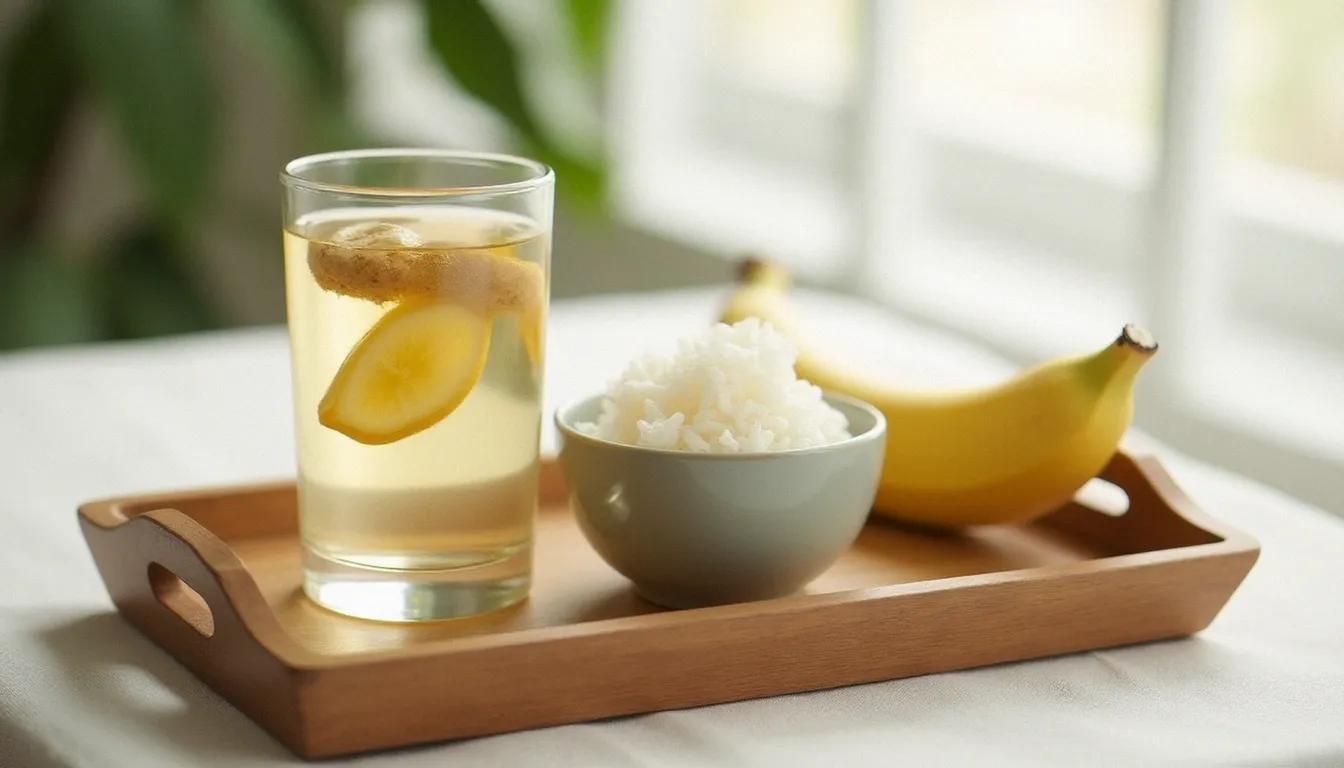 Plateau de convalescence avec eau au gingembre, riz blanc et banane mûre pour calmer les vomissements lors d'une gastro