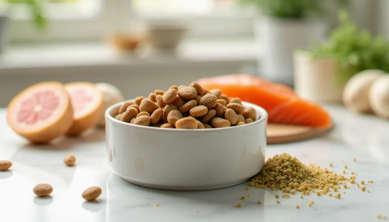 Bol en céramique blanc rempli de croquettes gastro biome cat food premium entourés de saumon frais, de racine de chicorée et de psyllium sur un plan de travail en marbre