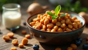 Bol en céramique rempli de croquettes gastro biome dog food de qualité posé sur une table en chêne, entouré de chicorée fraîche, myrtilles et herbes naturelles symbolisant les ingrédients prébiotiques