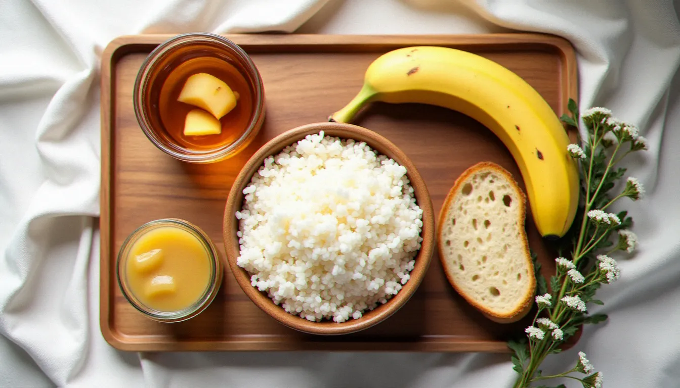 Plateau de convalescence avec riz blanc, banane mûre, compote de pomme maison, infusion de gingembre frais et pain grillé — alimentation douce pour soigner la gastro naturellement