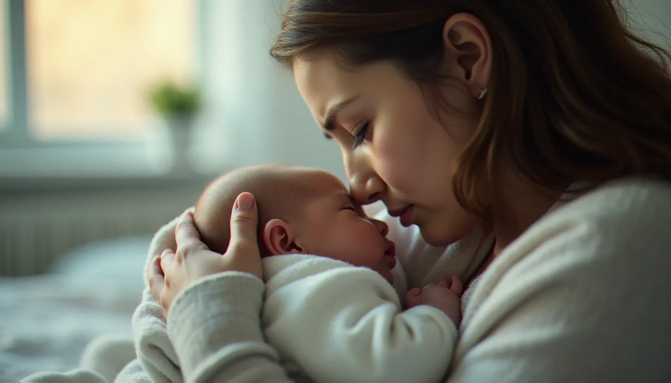 Mère tenant son bébé malade dans ses bras lors d'un épisode de gastro dangereux pour bébé, lumière naturelle douce