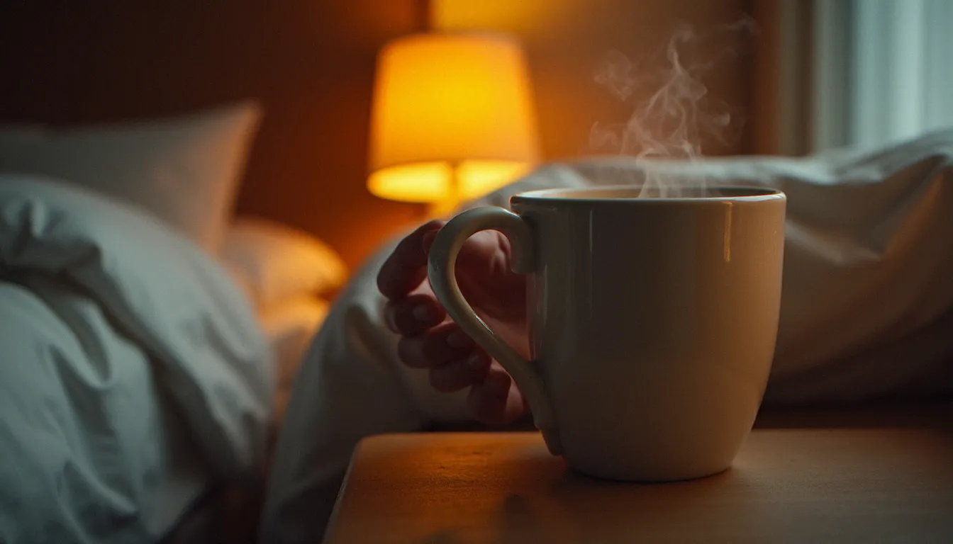 Tasse de tisane fumante tenue entre deux mains sur une table de nuit en bois, scène nocturne réconfortante illustrant la gastro pourquoi la nuit et ses remèdes
