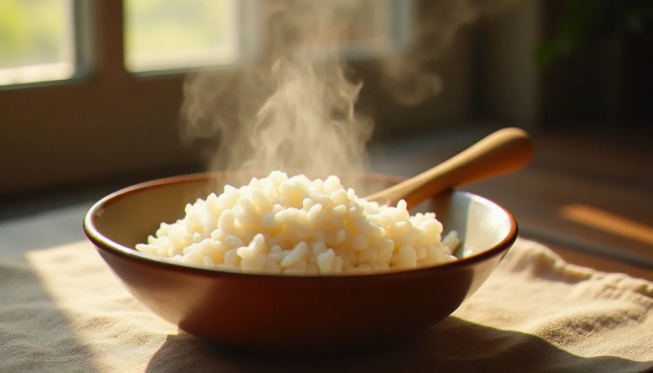 Bol de riz blanc vapeur dans une cuisine française rustique, aliment de référence pour apaiser les selles liquides lors d'une gastro