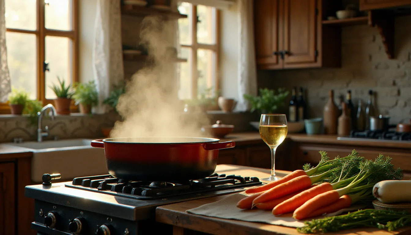 Grande cocotte en fonte émaillée mijotant sur une cuisinière ancienne dans une cuisine rustique française, entourée de légumes frais et d'herbes aromatiques, évoquant une gastro recette grand-mère traditionnelle