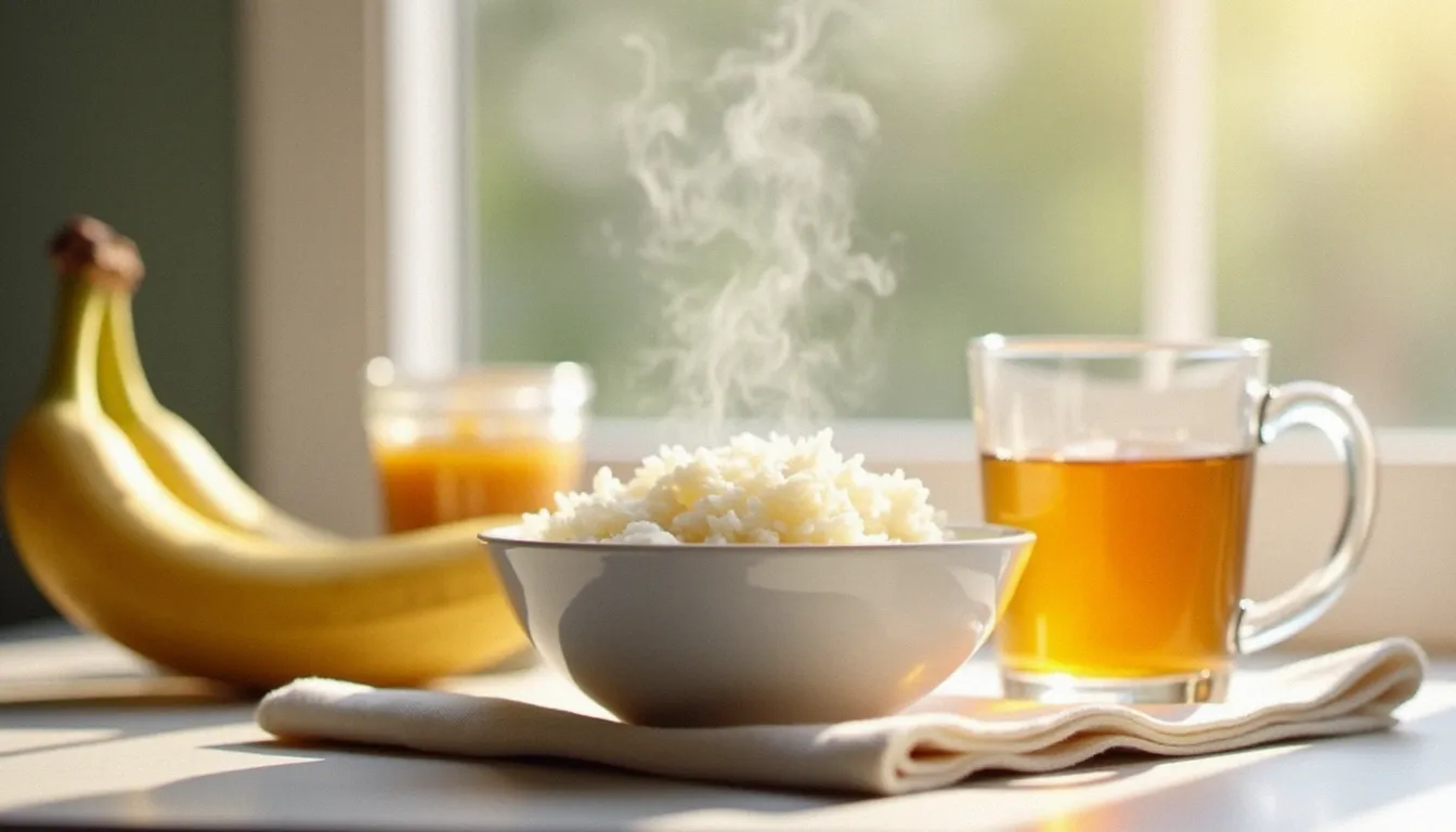 Bol de riz blanc vapeur, banane mûre et bouillon de poulet chaud, aliments recommandés pendant une gastro sans vomissement pour favoriser la guérison