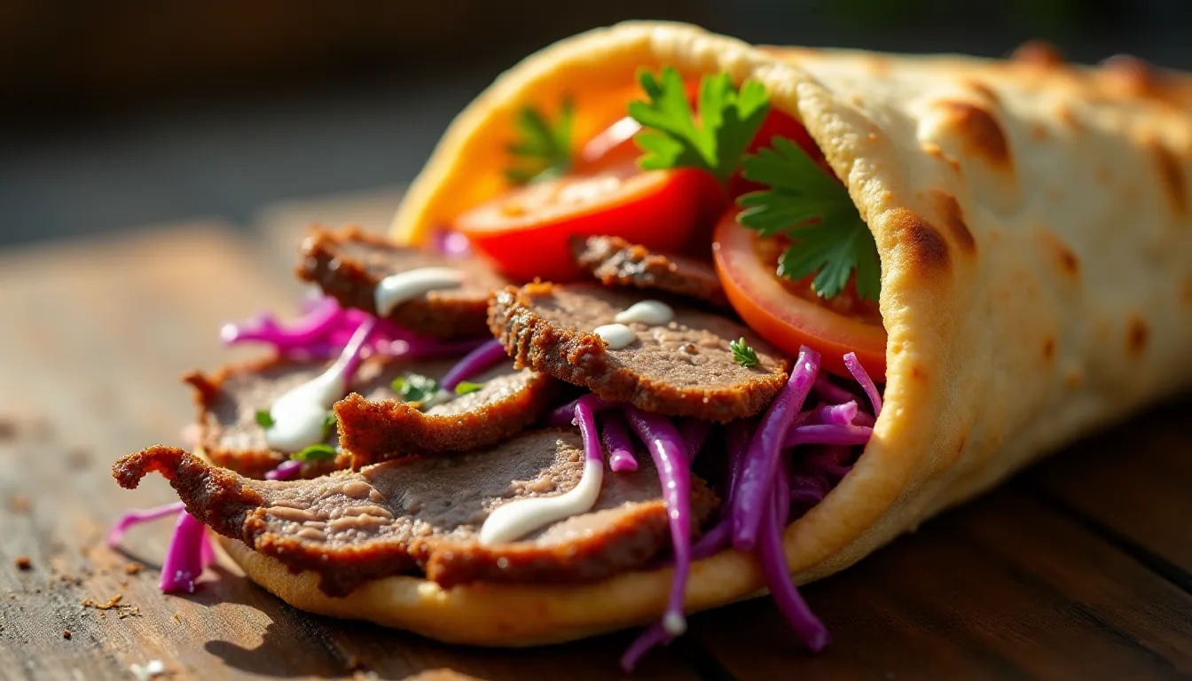 Kebab döner maison servi dans un pain pita chaud, garni de viande d'agneau dorée, chou rouge, tomates fraîches et sauce blanche à l'ail