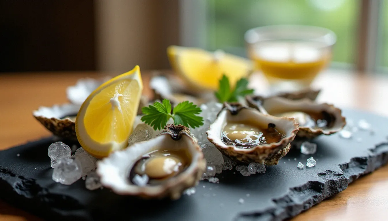 Gastro comment ça se transmet : guide complet 2026 4 Huîtres crues disposées sur glace pilée avec citron et mignonette, aliments à risque élevé de transmission de la gastro par contamination virale