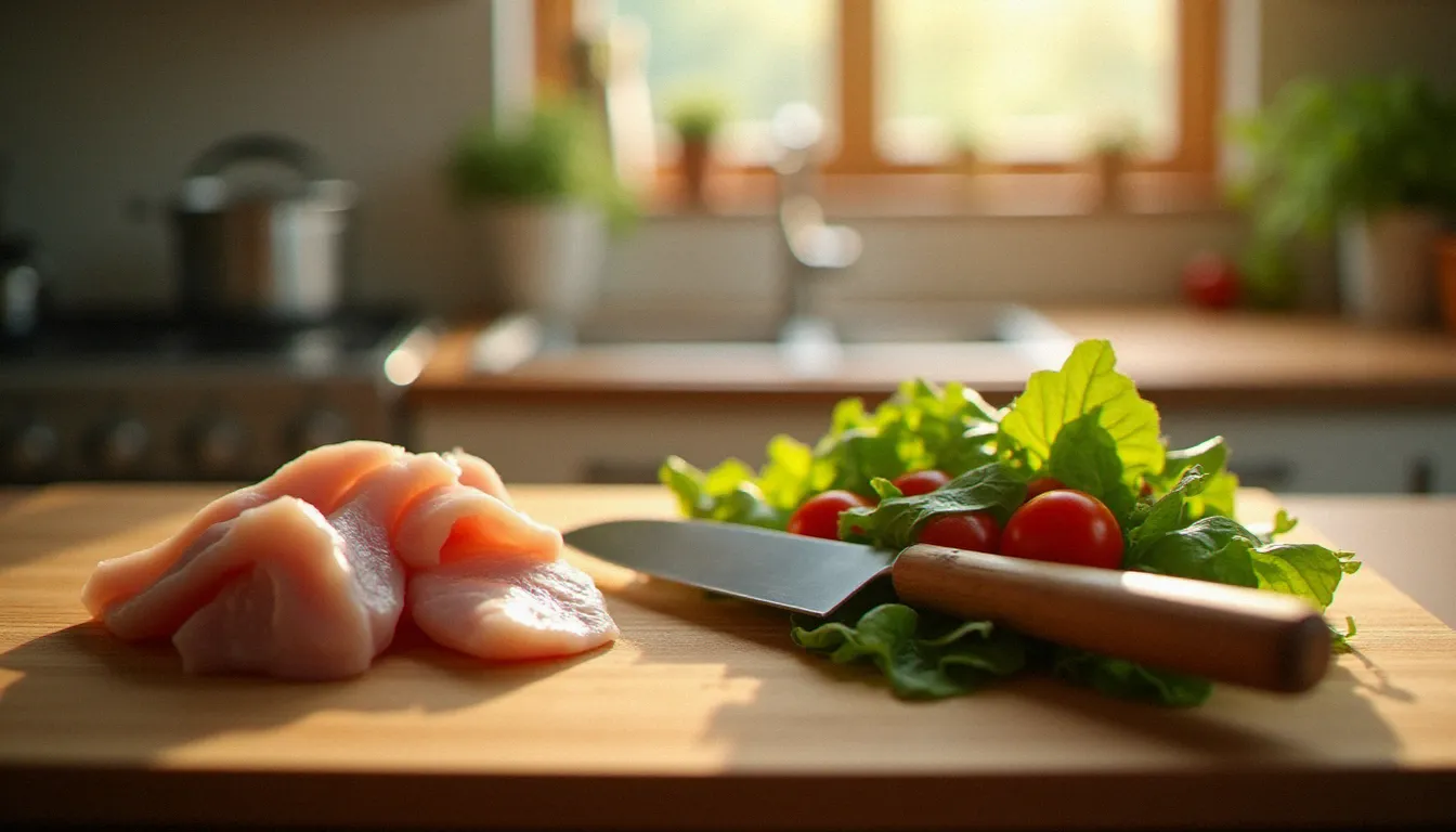 Gastro comment ça se transmet : guide complet 2026 5 Planche à découper montrant la séparation stricte entre poulet cru et légumes frais, bonne pratique essentielle pour empêcher que la gastro se transmet en cuisine