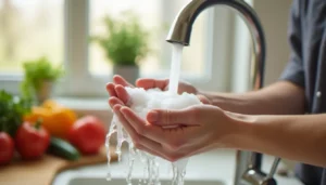 Lavage soigneux des mains au savon sous l'eau courante dans une cuisine familiale, geste clé pour éviter que la gastro se transmet de personne à personne