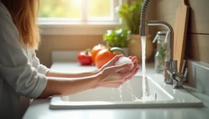 Femme se lavant soigneusement les mains à l'évier de la cuisine, geste essentiel pour éviter la contamination par la gastro, lumière naturelle matinale