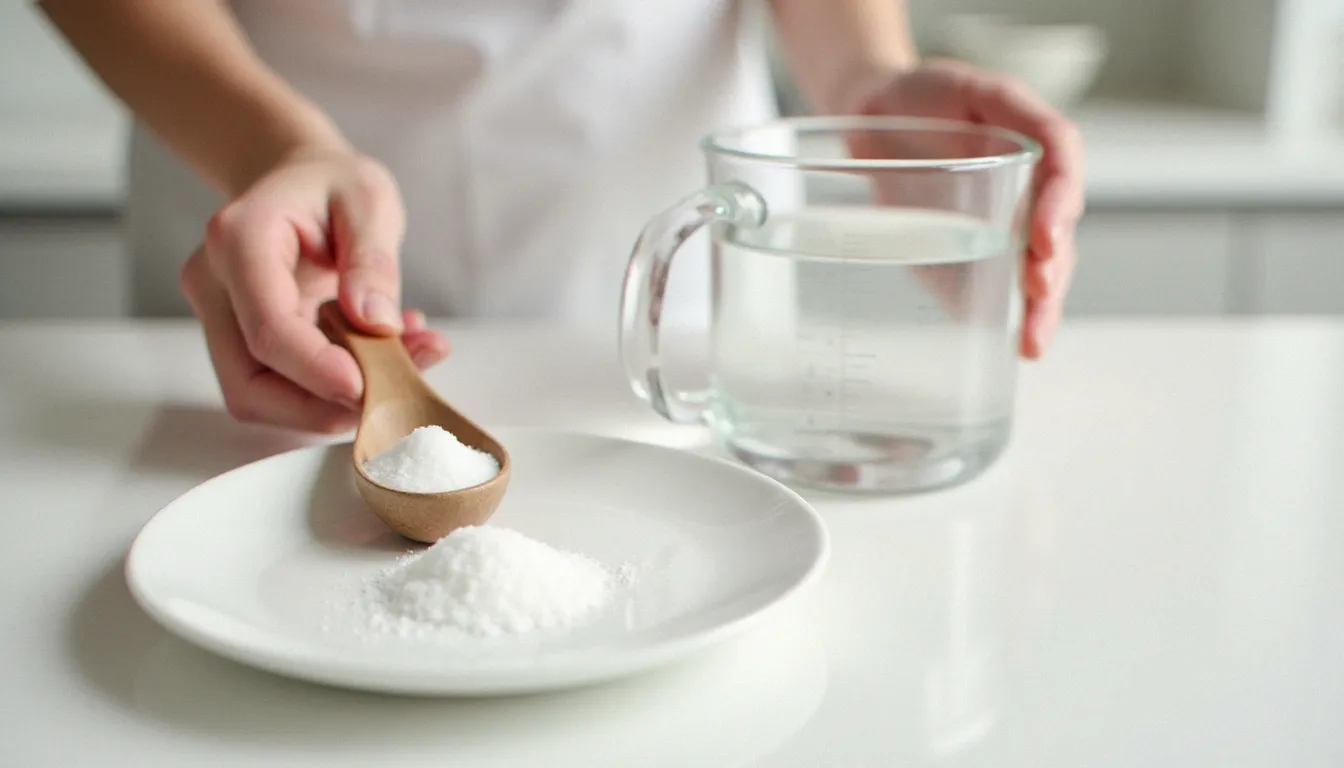 Préparation minutieuse d'une solution de réhydratation orale maison avec eau, sel et sucre pour lutter contre la déshydratation lors d'une gastro
