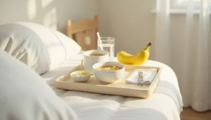 Plateau de convalescence avec riz blanc, bouillon de poule doré et banane pour soulager une gastro et éviter de vomir