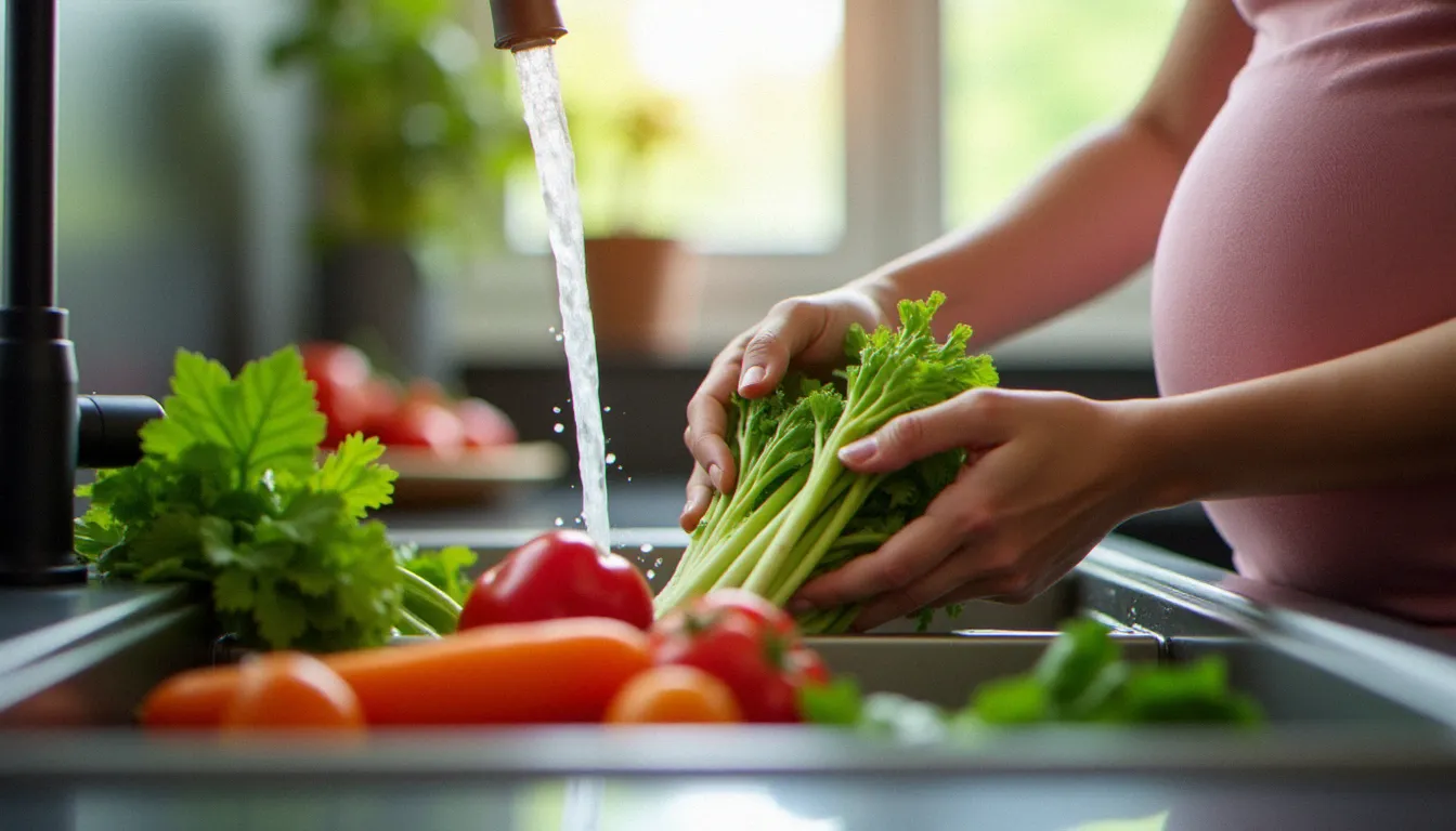 Gastro dangereux pour femme enceinte : ce qu'il faut savoir 2 Femme enceinte lavant soigneusement des légumes frais sous l'eau courante pour prévenir la gastro dangereux pendant la grossesse