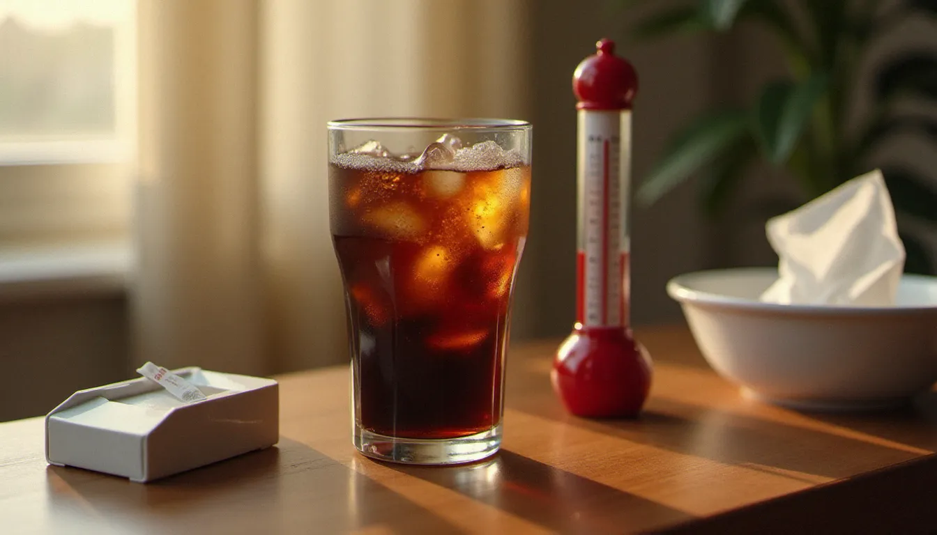 Verre de coca dégasé posé sur une table de chevet avec thermomètre et mouchoirs, illustrant le remède populaire de la gastro pourquoi boire du coca