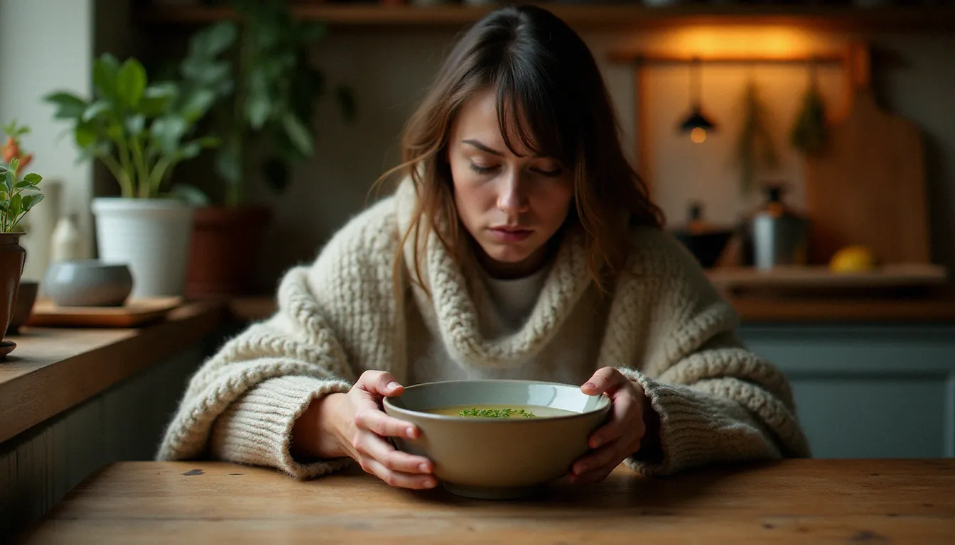 Personne frissonnante enveloppée dans une couverture tenant un bol de bouillon chaud — illustration de la gastro et de la sensation de froid