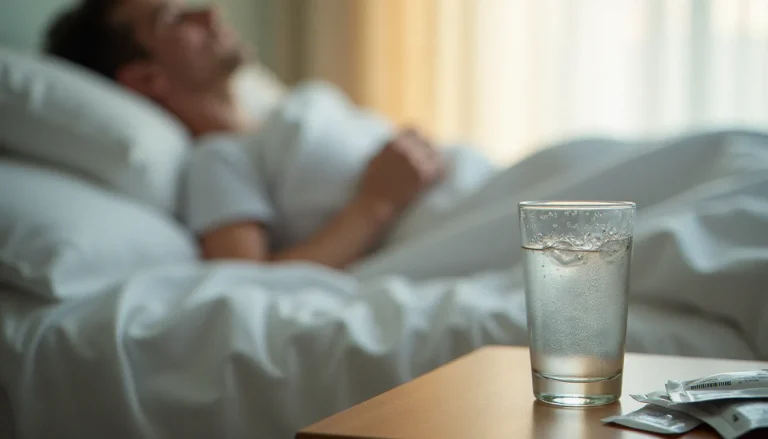 Personne alitée avec un verre d'eau et des sachets de réhydratation sur la table de nuit, illustrant les symptômes de gastro et la question pourquoi on vomit lors d'une gastroentérite