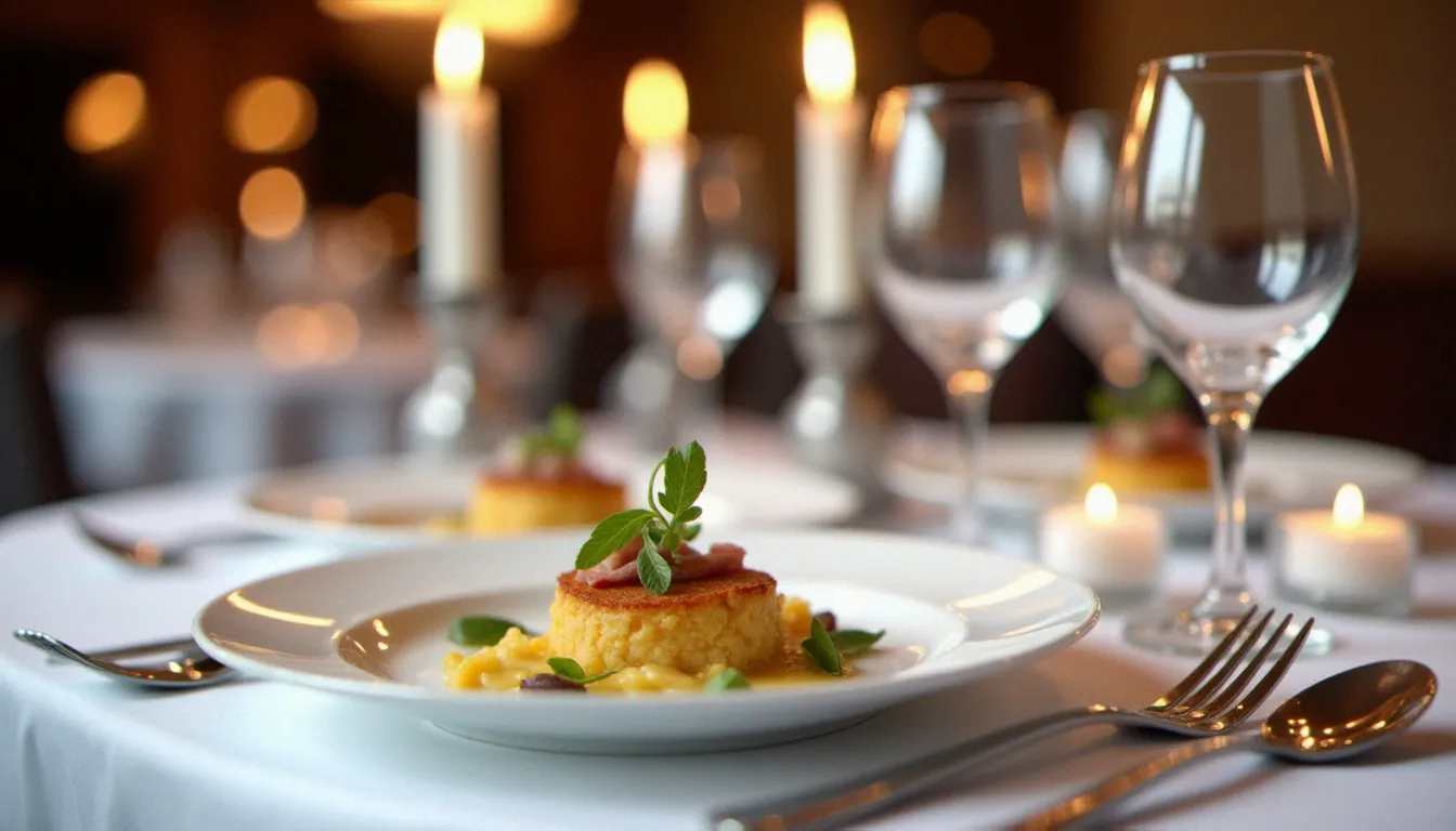 Table gastronomique française élégamment dressée avec une mise en bouche raffinée sur porcelaine blanche, illustrant le gastro prix dans un cadre haut de gamme