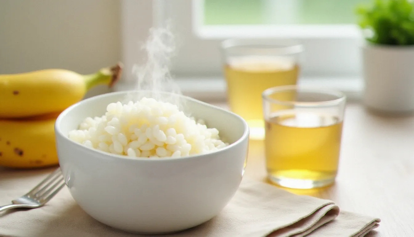 Bol de riz blanc vapeur, verre de bouillon de légumes et banane mûre sur table en bois, alimentation douce recommandée en cas de gastro sans diarrhée ni vomissement