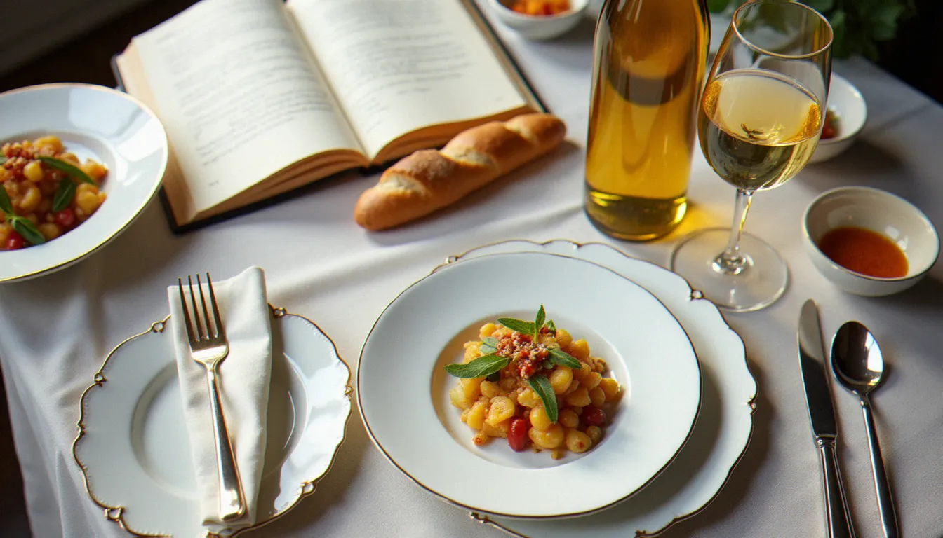 Table gastronomique française dressée avec soin illustrant que la gastronomie est connaissance — assiettes en porcelaine, verres en cristal et livre de recettes manuscrit