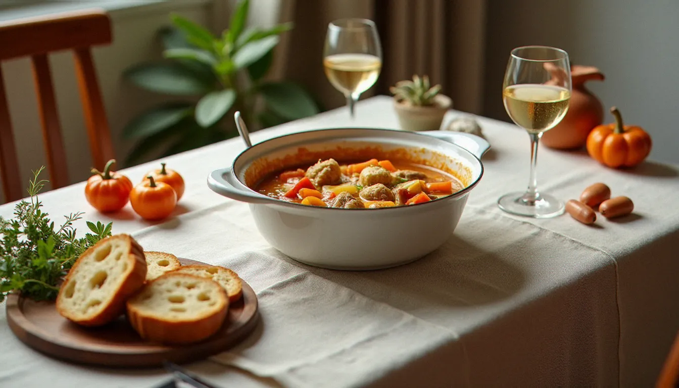 Table dressée à la française avec un pot-au-feu fumant, illustrant ce que la gastronomie est littéralement dans son expression la plus authentique