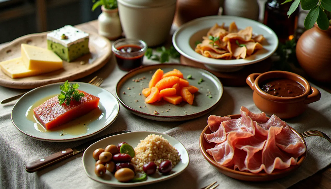 Table dressée avec des plats représentant la gastronomie des meilleurs pays du monde, fromages français, sashimi japonais et mole mexicaine