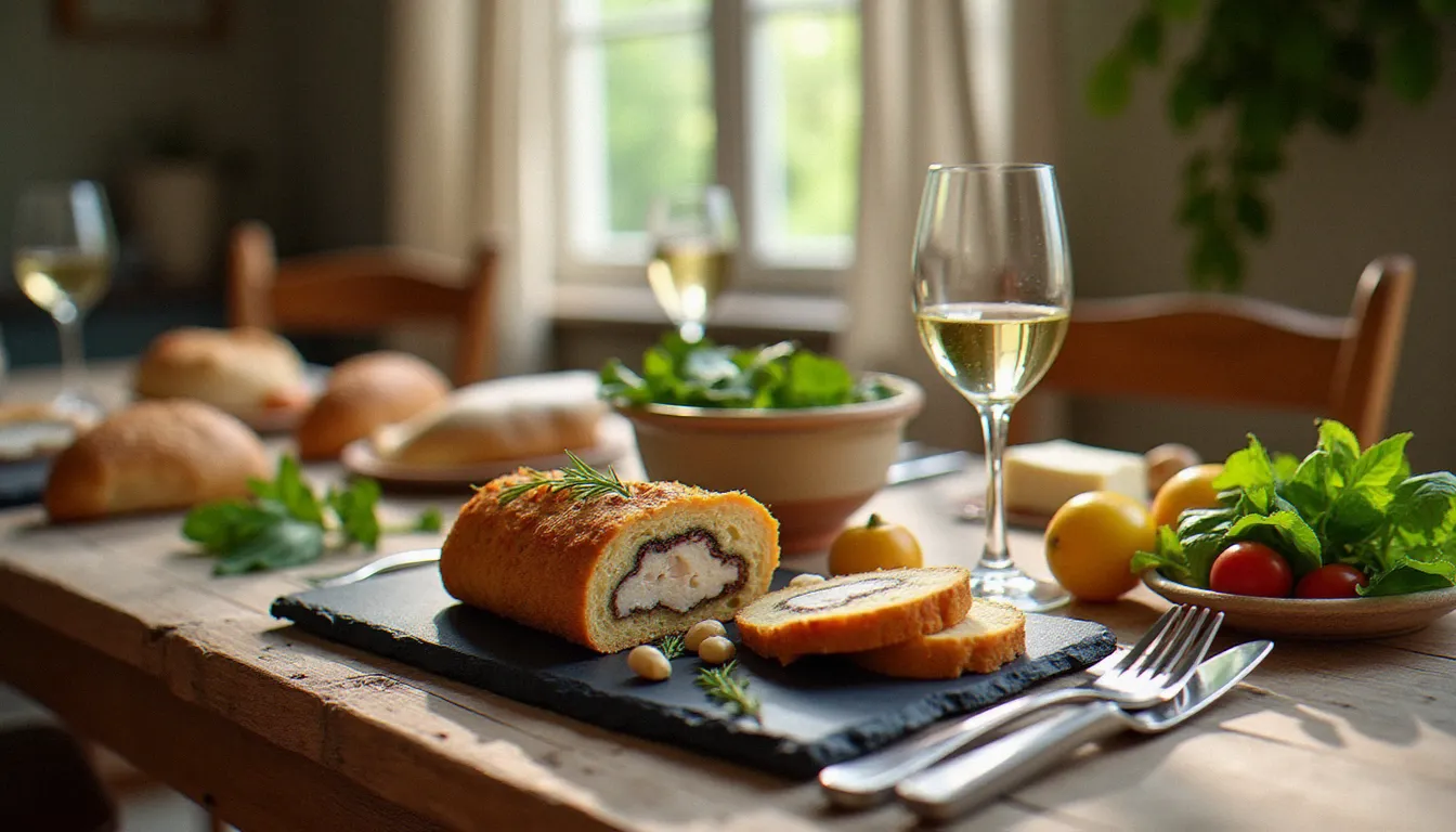 Table berrichonne dressée avec une terrine de lapin, du crottin de Chavignol et un verre de vin de Quincy, illustrant la gastronomie authentique de Mehun-sur-Yèvre