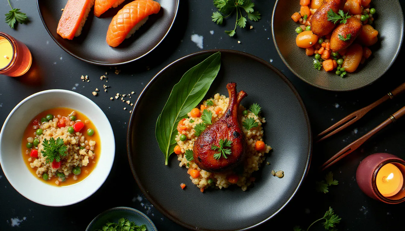 Présentation gastronomique internationale réunissant sushi japonais, ceviche péruvien et confit de canard français sur une table en marbre noir, illustrant le meilleur gastronomie du monde 2024