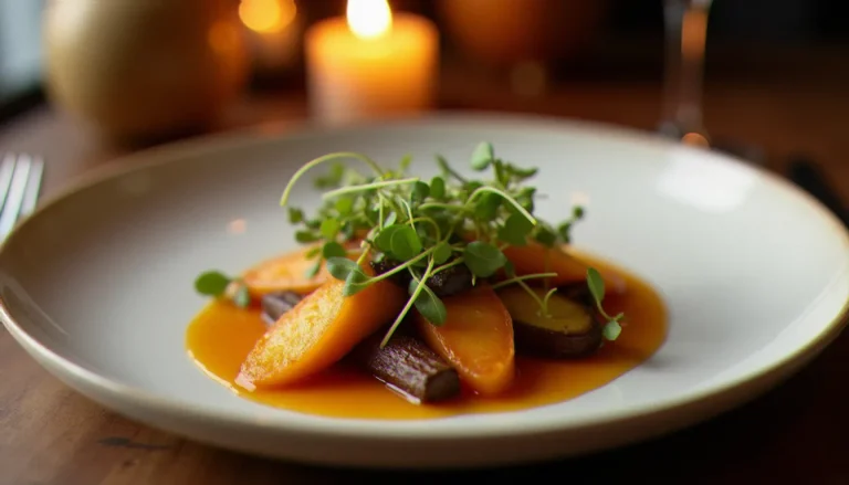 Assiette gastronomique raffinée avec légumes rôtis et sauce brillante, représentant la meilleure gastronomie du monde en 2025