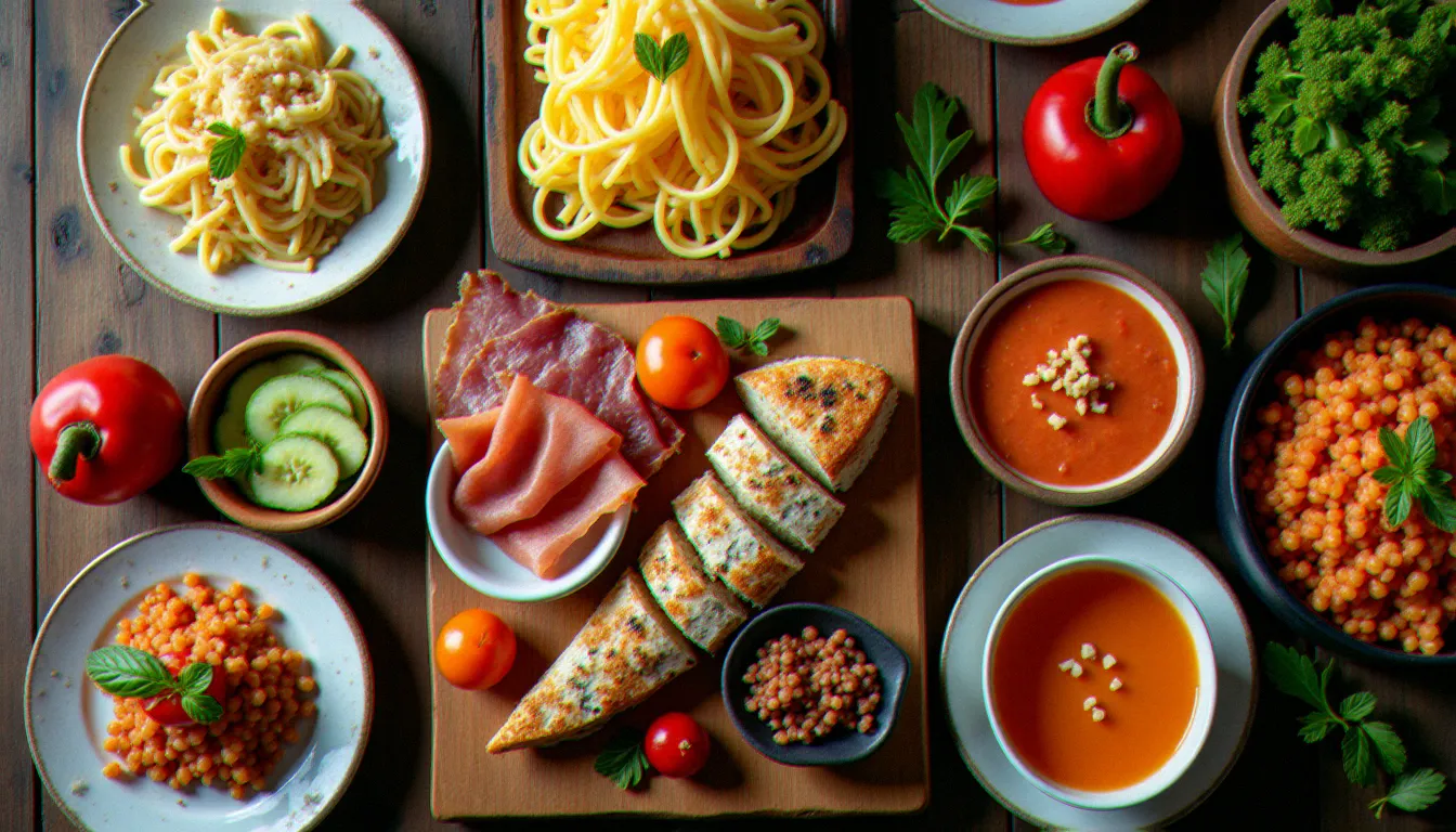 Sélection de plats représentant le meilleur classement de la gastronomie du monde, disposés sur une table en bois — pâtes fraîches, fromage affiné, sushi, jamón ibérico et ceviche péruvien