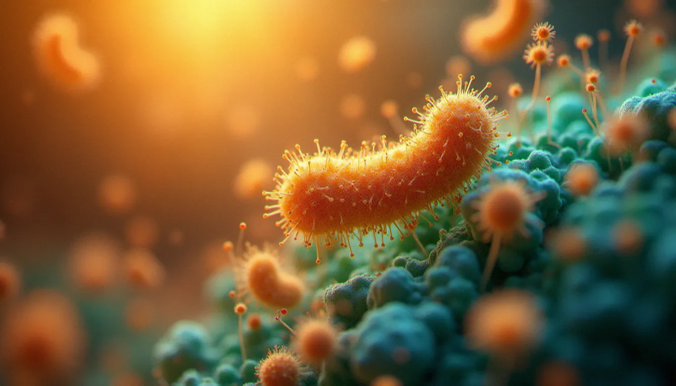 Vue microscopique stylisée et colorée de bactéries du microbiome intestinal félin en tons ambrés et bleu-vert, illustrant la diversité du microbiote