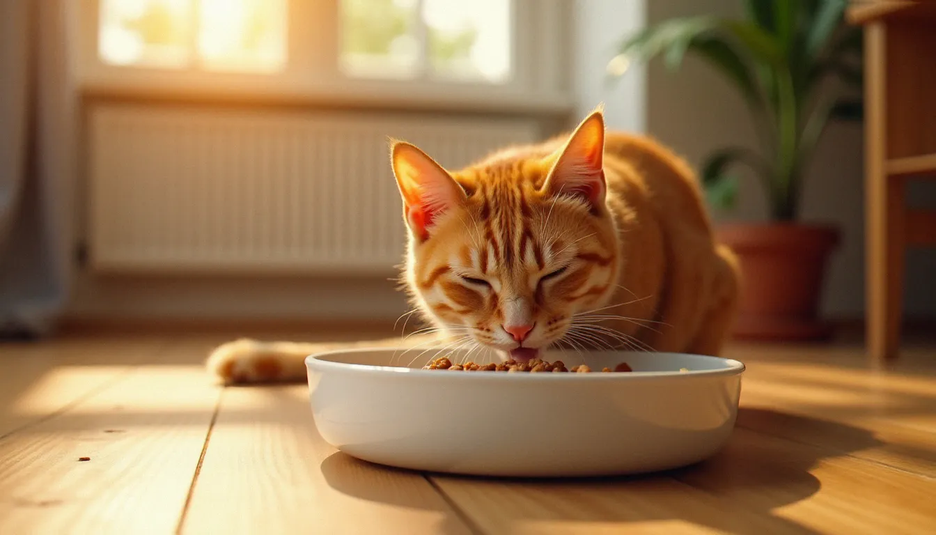 Chat roux détendu en train de manger son gastro biome cat food dans un bol en céramique blanche posé sur un parquet chêne, baigné d'une lumière dorée d'après-midi