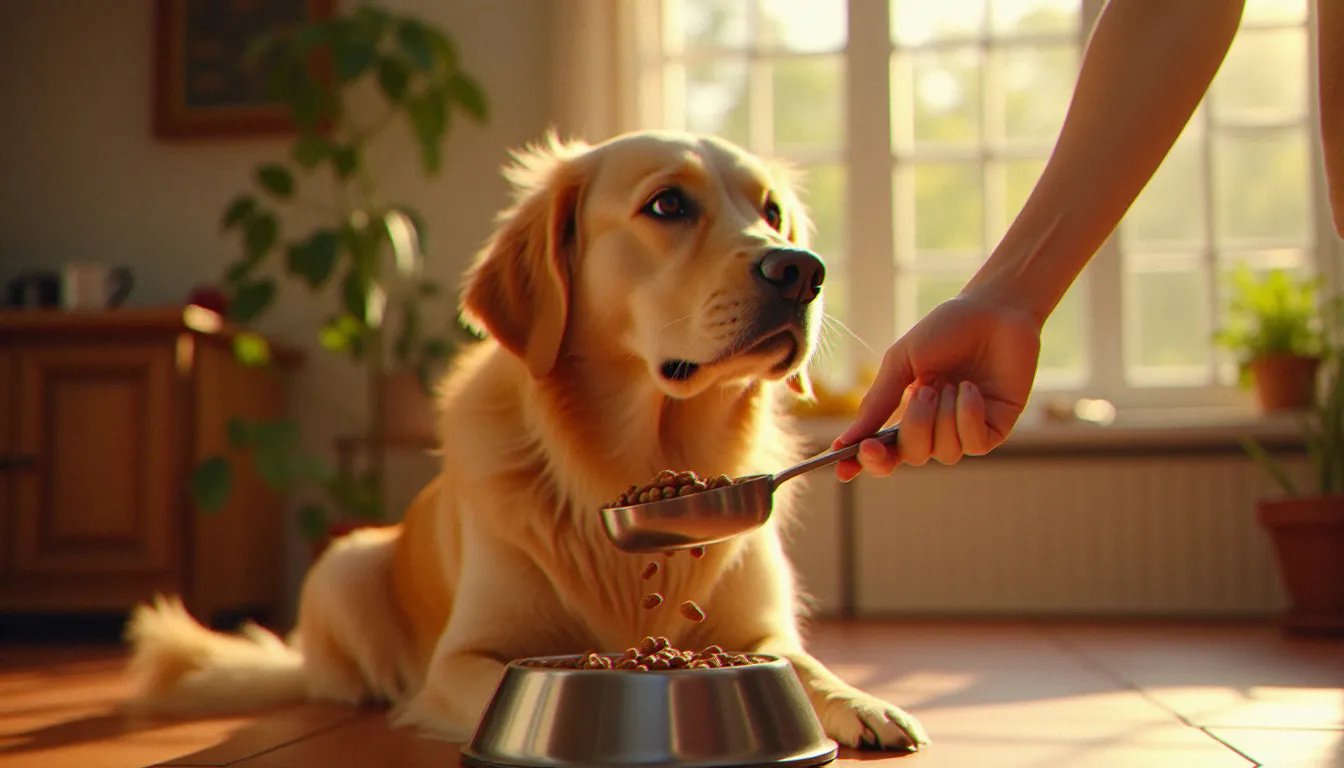 Golden retriever en bonne santé attendant son bol de gastro biome dog food dans une cuisine lumineuse, illustrant l'énergie et la vitalité d'un chien dont le microbiome est soutenu par une alimentation adaptée