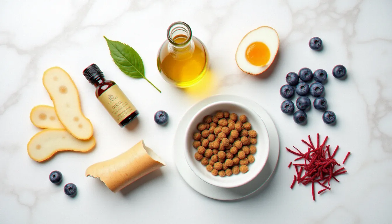 Composition à plat des ingrédients clés du gastro biome dog food — huile de saumon, chicorée, myrtilles, œuf et croquettes — disposés sur marbre blanc, illustrant la richesse et la synergie des composants actifs pour la santé intestinale canine