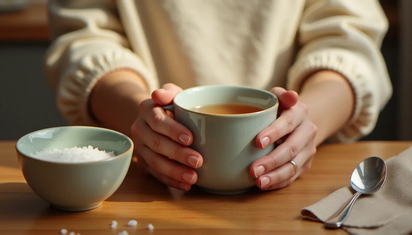 Mains tenant une tasse d'infusion de camomille fumante avec sel de mer et petite cuillère sur une table en bois, premiers gestes naturels contre la gastro