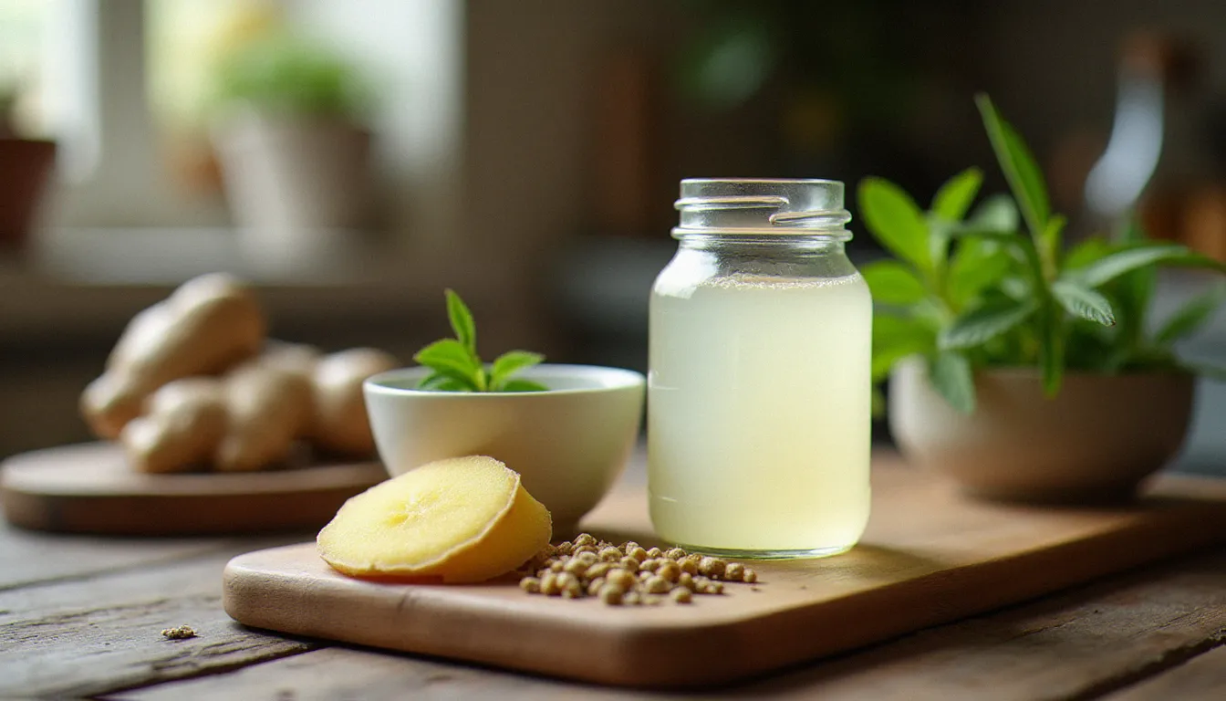 Eau de riz maison dans un bocal en verre, racine de gingembre frais tranchée et feuilles de menthe poivrée séchées sur un plan de travail en bois — remèdes naturels pour calmer la gastro