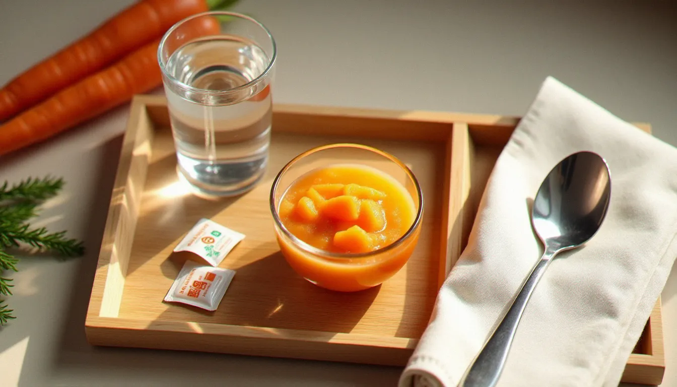 Plateau repas pour bébé malade avec purée de carottes maison et sachet de réhydratation orale, alimentation adaptée pendant un gastro