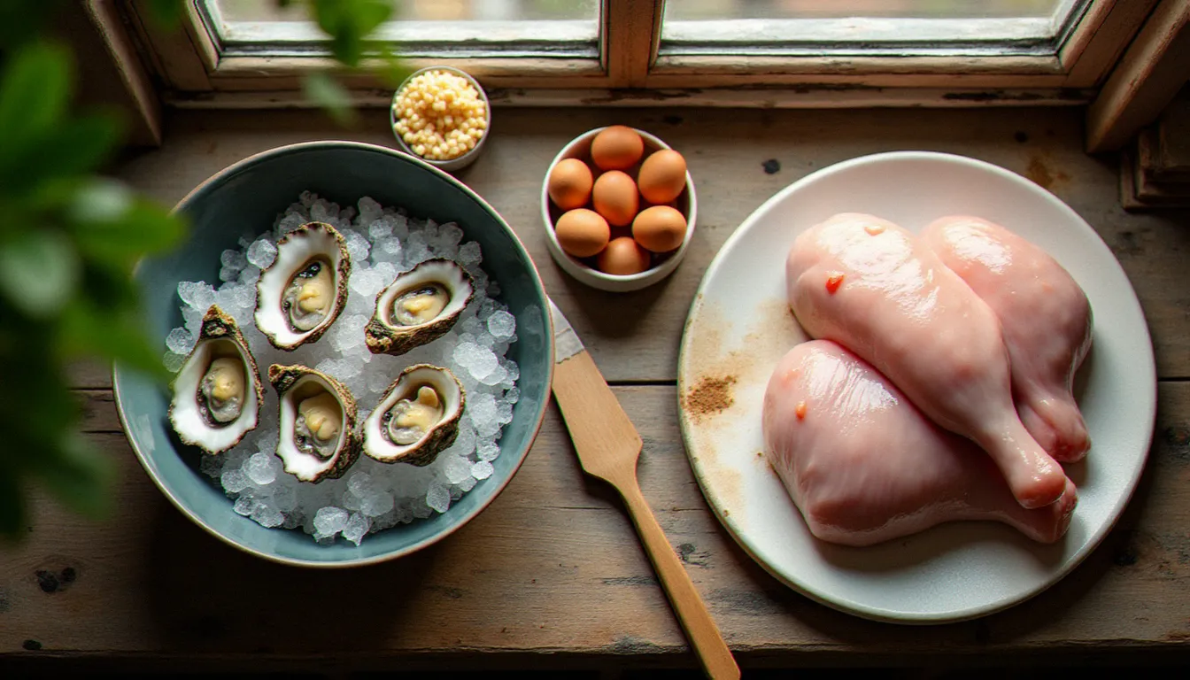 Aliments à risque de contamination — huîtres crues sur glace, volaille crue et œufs frais disposés sur un plan de travail de cuisine en bois