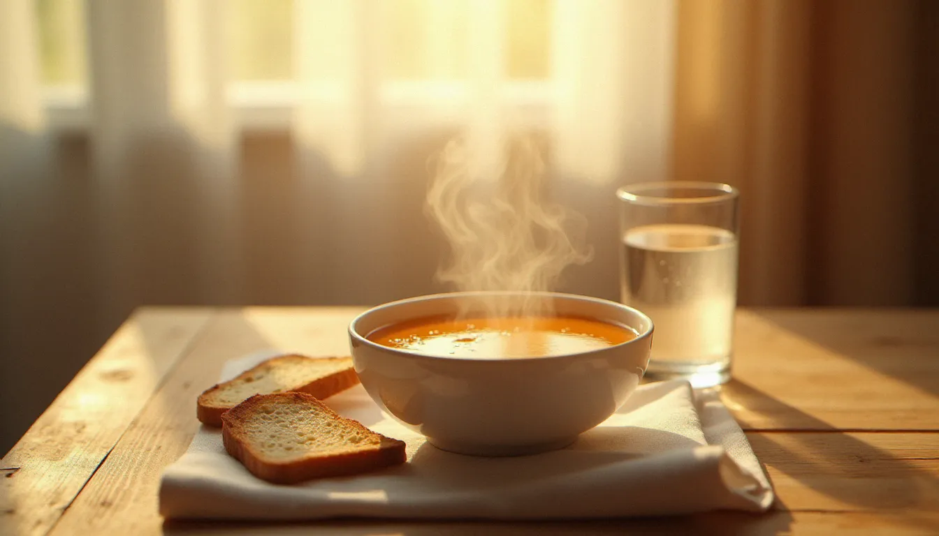 Bol de soupe de carottes fumante et toasts nature sur une table en bois baignée de lumière matinale, repas de récupération après une gastro nocturne