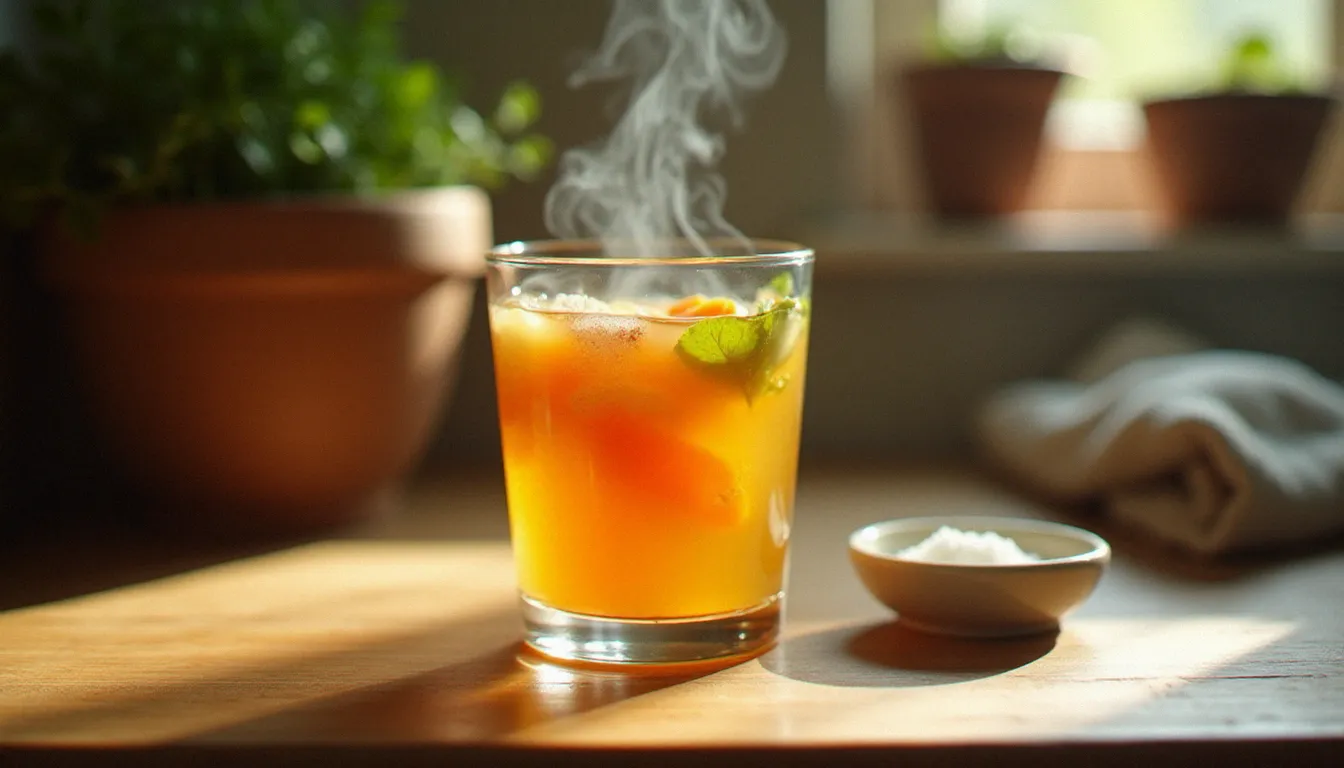 Verre de bouillon de légumes maison doré et fumant, boisson réhydratante essentielle en cas de gastro avec selles liquides