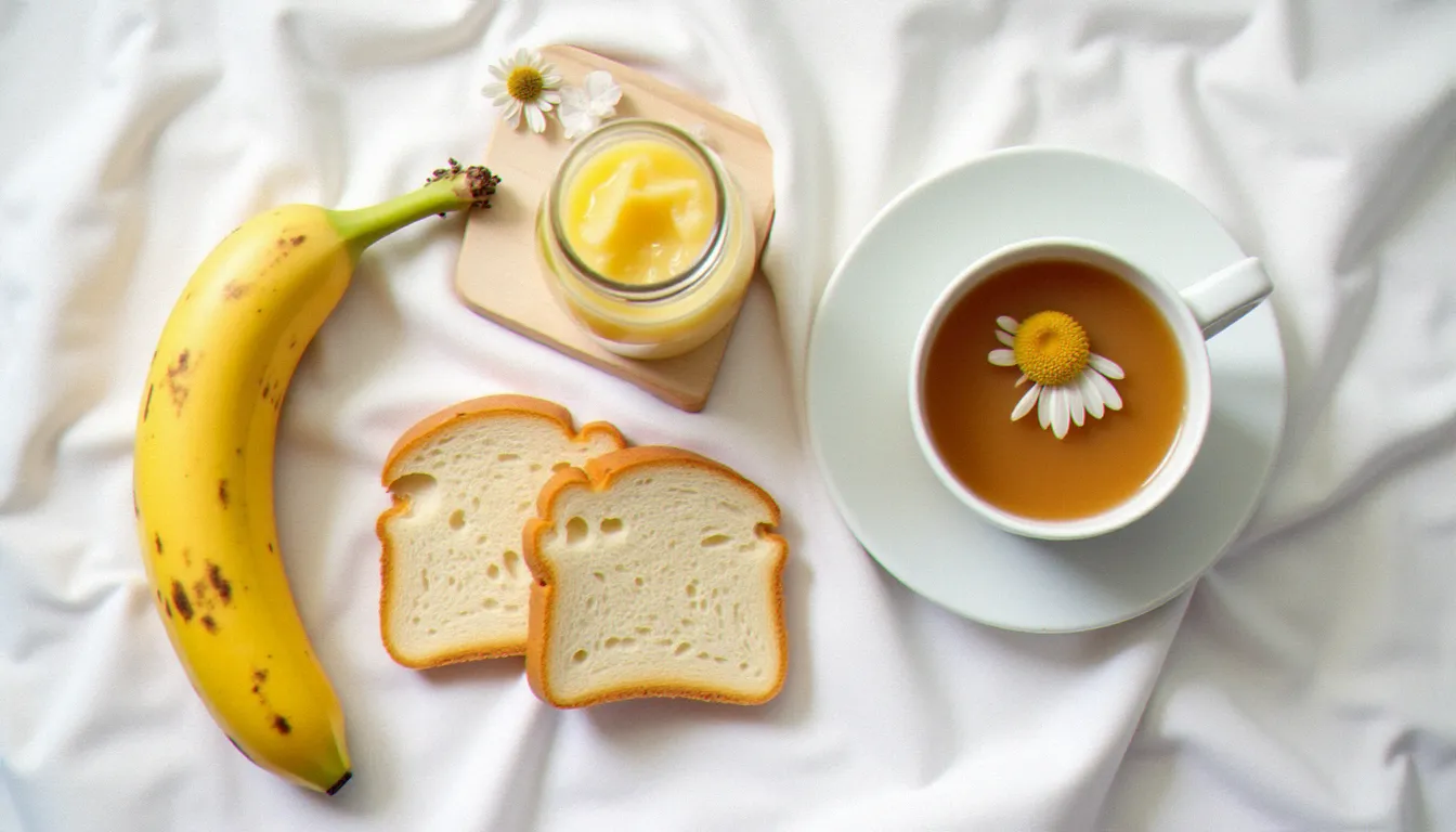 Assortiment d'aliments doux pour la convalescence après une gastro provoquant des selles liquides : banane mûre, pain grillé, compote de pommes et tisane de camomille