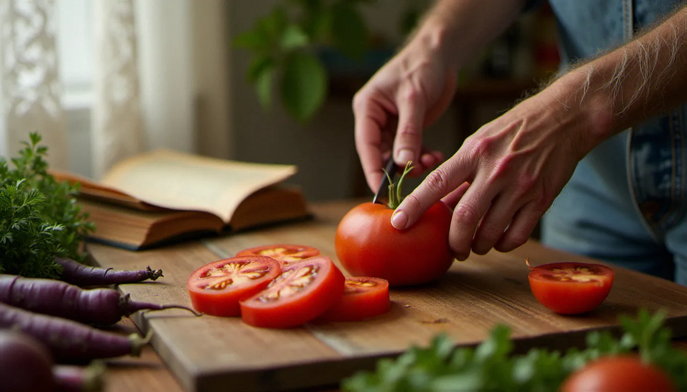 Mains de cuisinière expérimentée découpant une tomate ancienne Cœur de Bœuf sur une planche en bois usée, entourée de légumes du terroir et d'un carnet de recettes ouvert, pour illustrer le choix des ingrédients d'une recette grand-mère