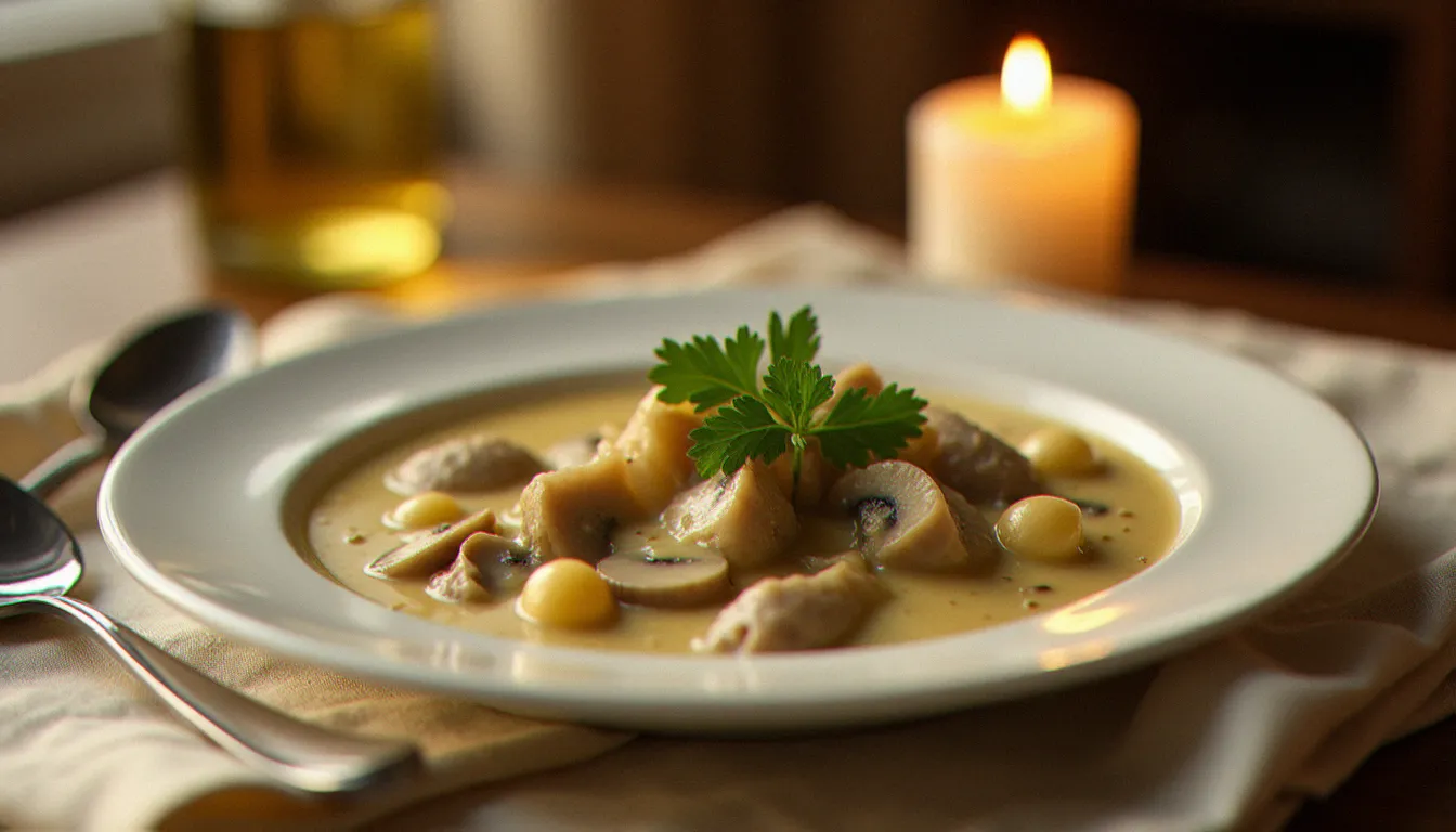 Assiette creuse ancienne remplie de blanquette de veau crémeuse garnie de champignons et de persil plat frais, posée sur une nappe de lin ancienne à la lumière d'une bougie, plat emblématique de la gastro recette grand-mère française