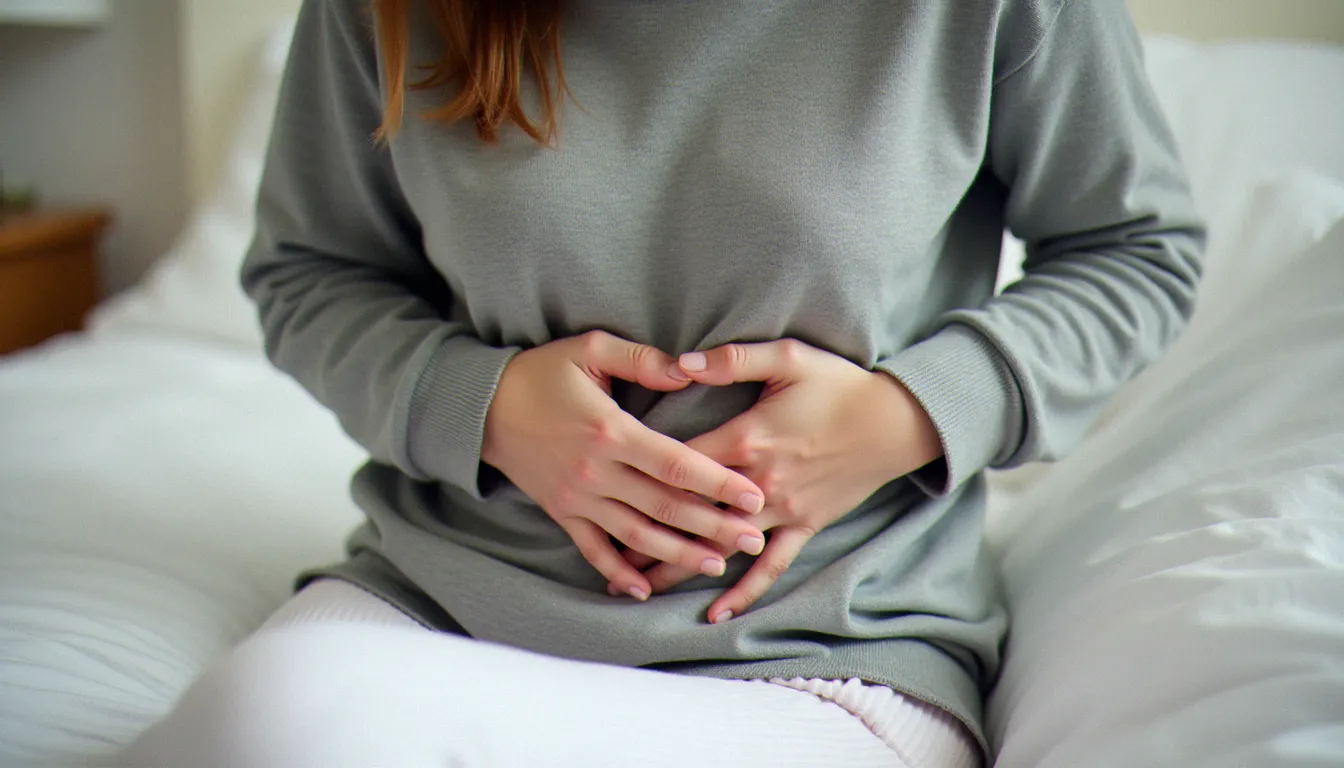 Personne souffrant de crampes abdominales et de fatigue, symptômes typiques d'une gastro sans vomissement, assise sur un lit dans une chambre lumineuse