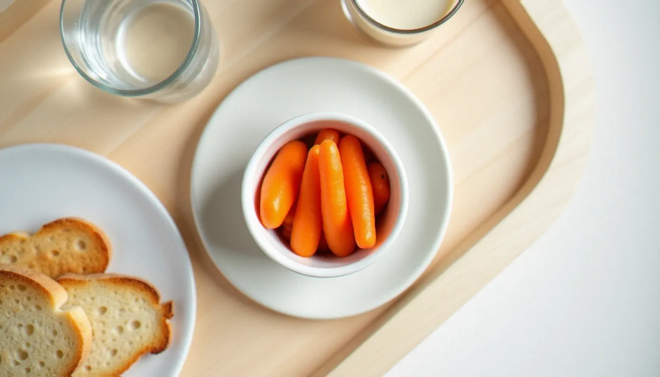 Plateau repas de convalescence avec carottes cuites, pain toasté et yaourt nature, alimentation douce conseillée lors d'une gastro sans vomissement pour accélérer la guérison